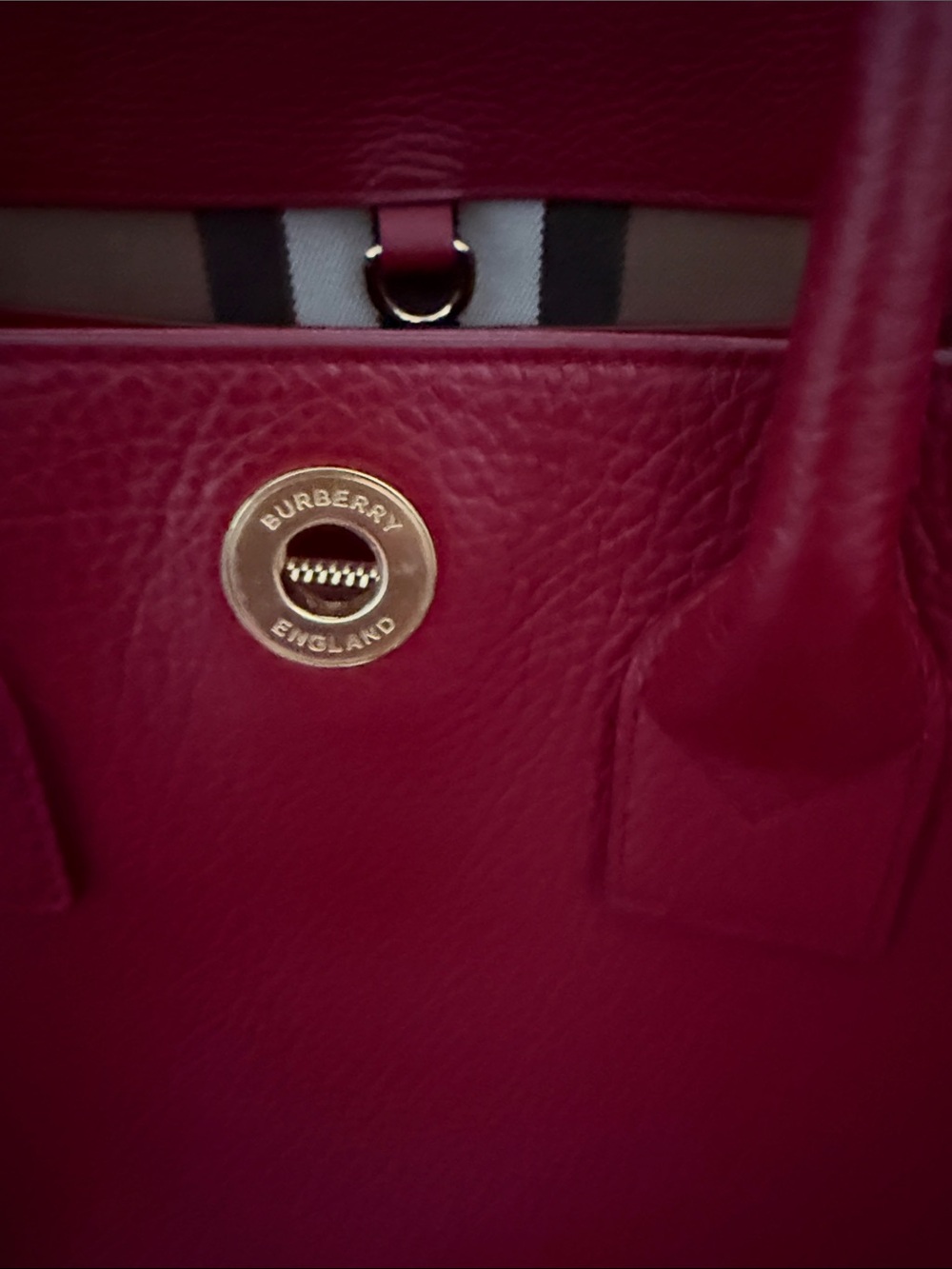 Burberry Red Leather Tote with Classic Check Side Panels - Picture 3 of 3